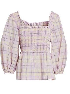 Ganni Seersucker Check Smock Top Orchid Bloom Size 40